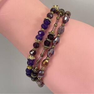Triple Strand Purple Glass Beaded Bracelet, Womens Boho Hippie Fashion Cute